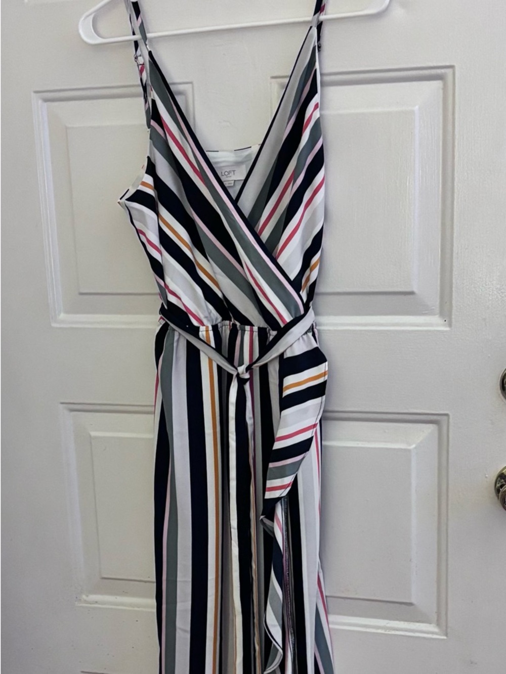 LOFT Striped Faux Wrap Midi Dress in Black, White, Pink & Mustard